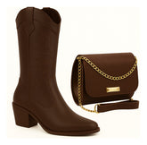 Bota Feminina Texana Rodeio Cano Alto Bico Fino + Bolsa