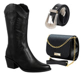 Bota Feminina Texana Bordada Western Salto Médio+cinto+bolsa