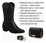 Bota Feminina Texana Bordada Western Salto Médio+cinto+bolsa